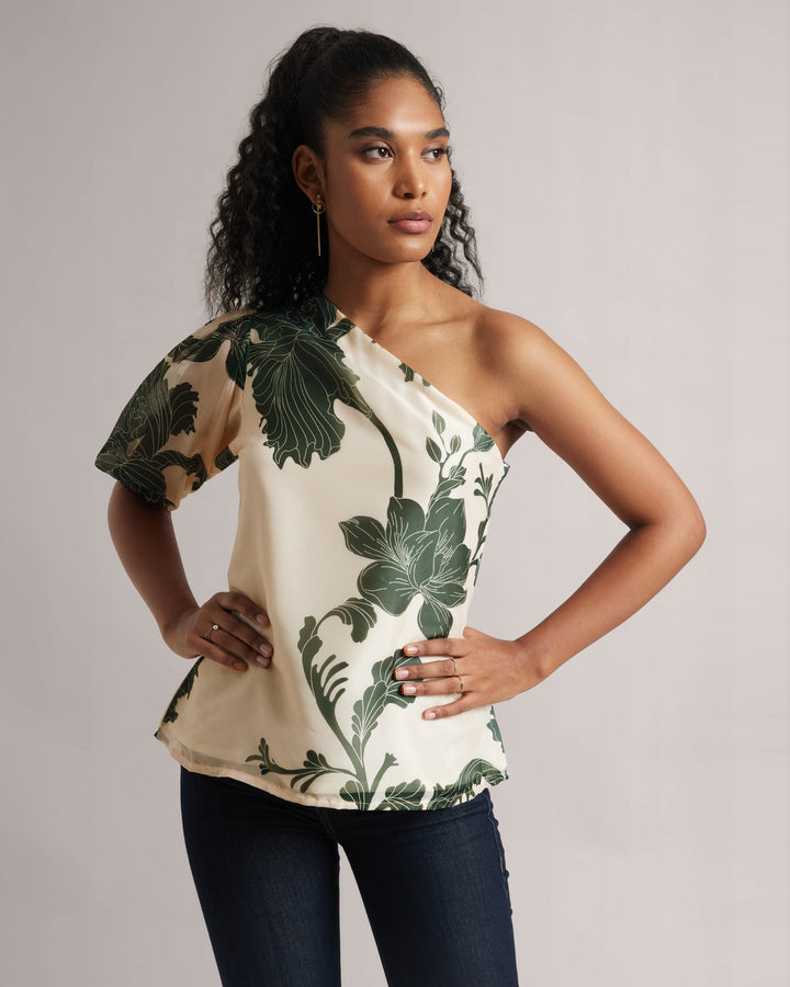 Cream  One-Shoulder A-Line Top With Green Floral Print  - By Janasya