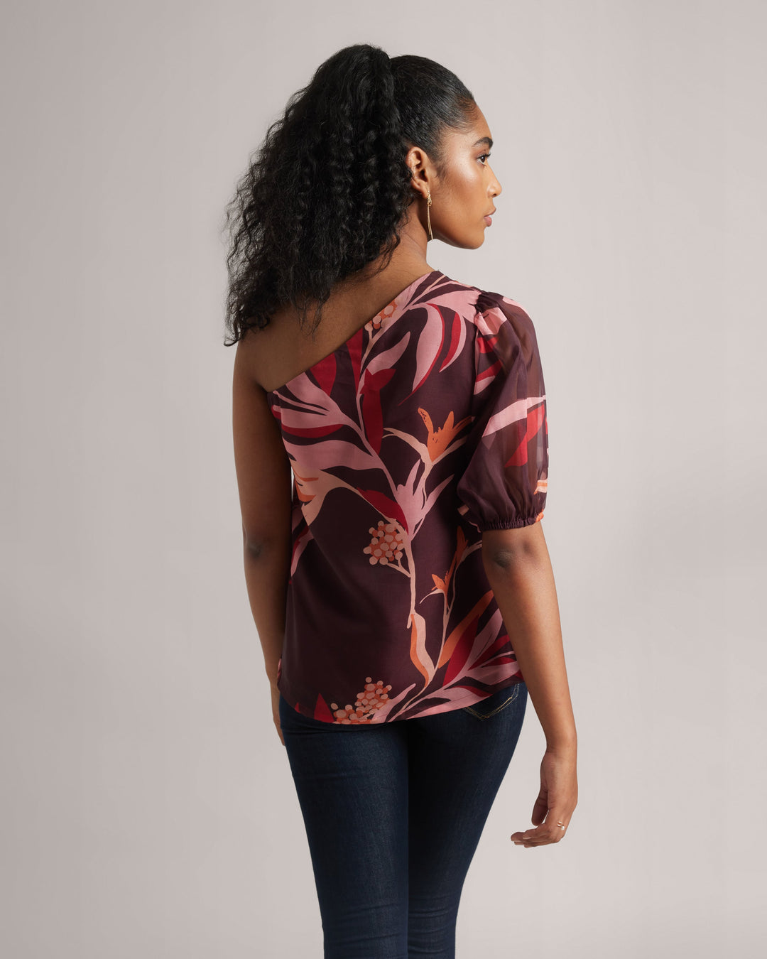 Chestnut Maroon One Shoulder Floral A-Line Top  - By Janasya