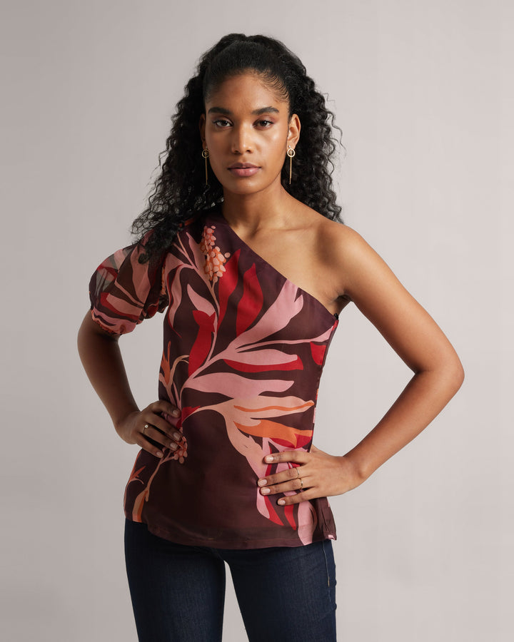 Chestnut Maroon One Shoulder Floral A-Line Top  - By Janasya