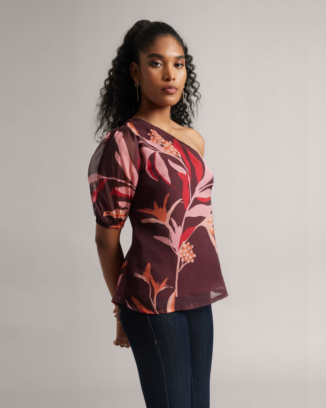 Chestnut Maroon One Shoulder Floral A-Line Top  - By Janasya