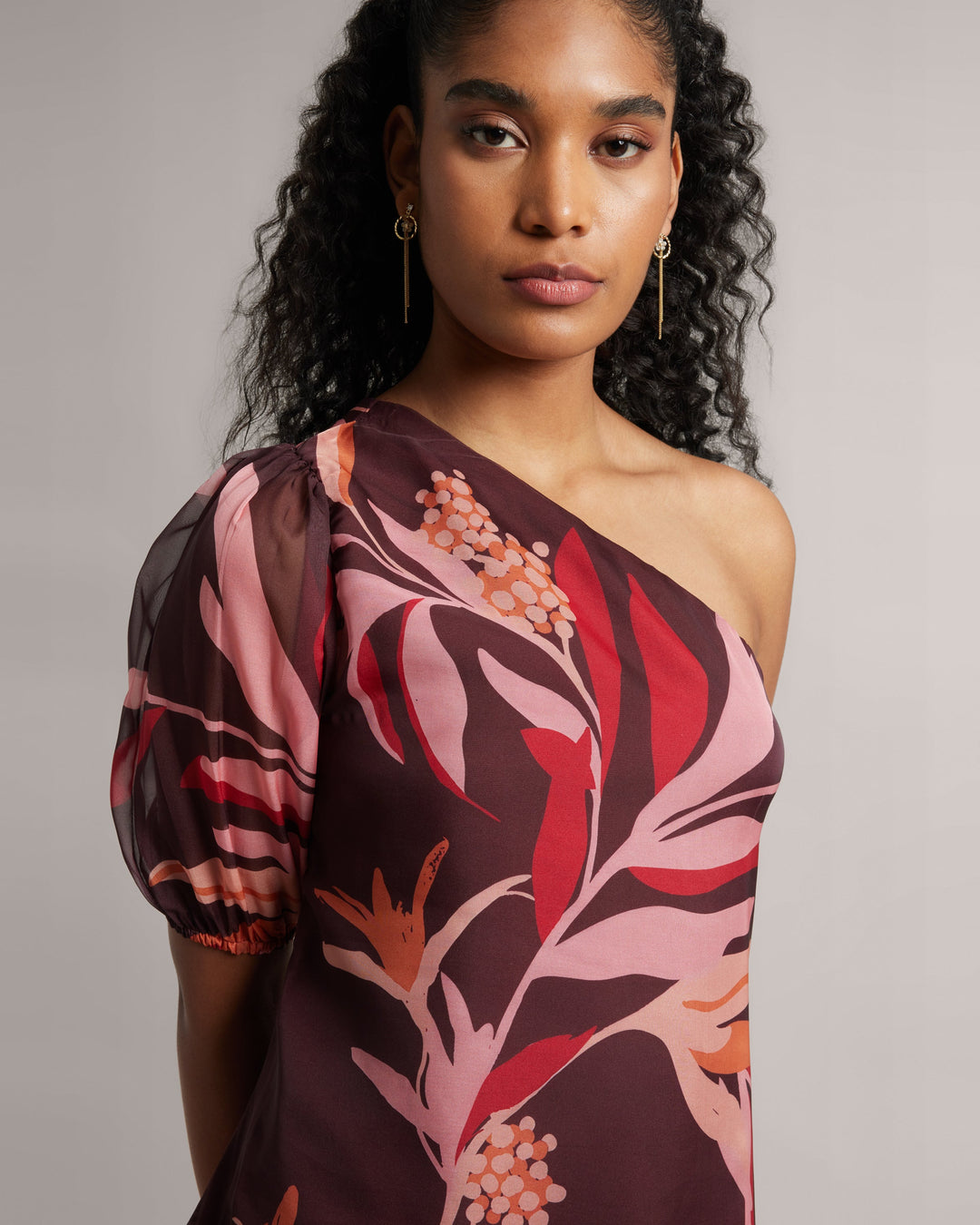 Chestnut Maroon One Shoulder Floral A-Line Top  - By Janasya