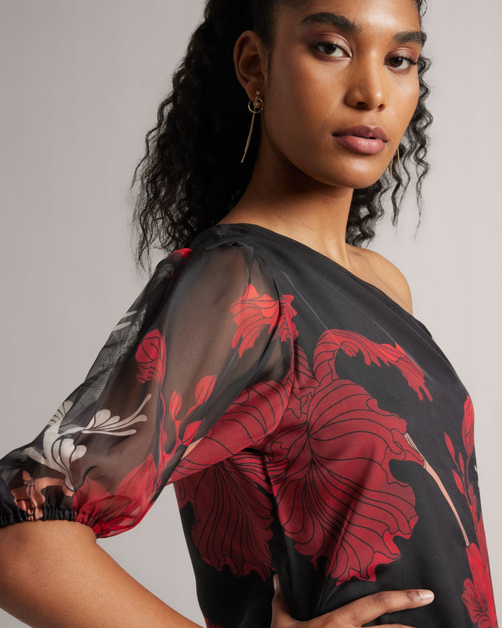 Charcoal Black Fiery Print One-shoulder Top  - By Janasya