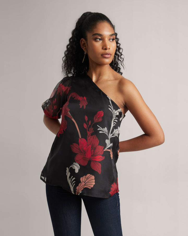 Charcoal Black Fiery Print One-shoulder Top  - By Janasya