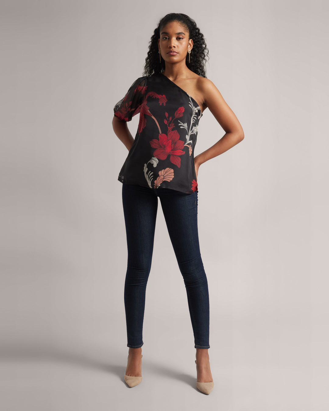 Charcoal Black Fiery Print One-shoulder Top  - By Janasya