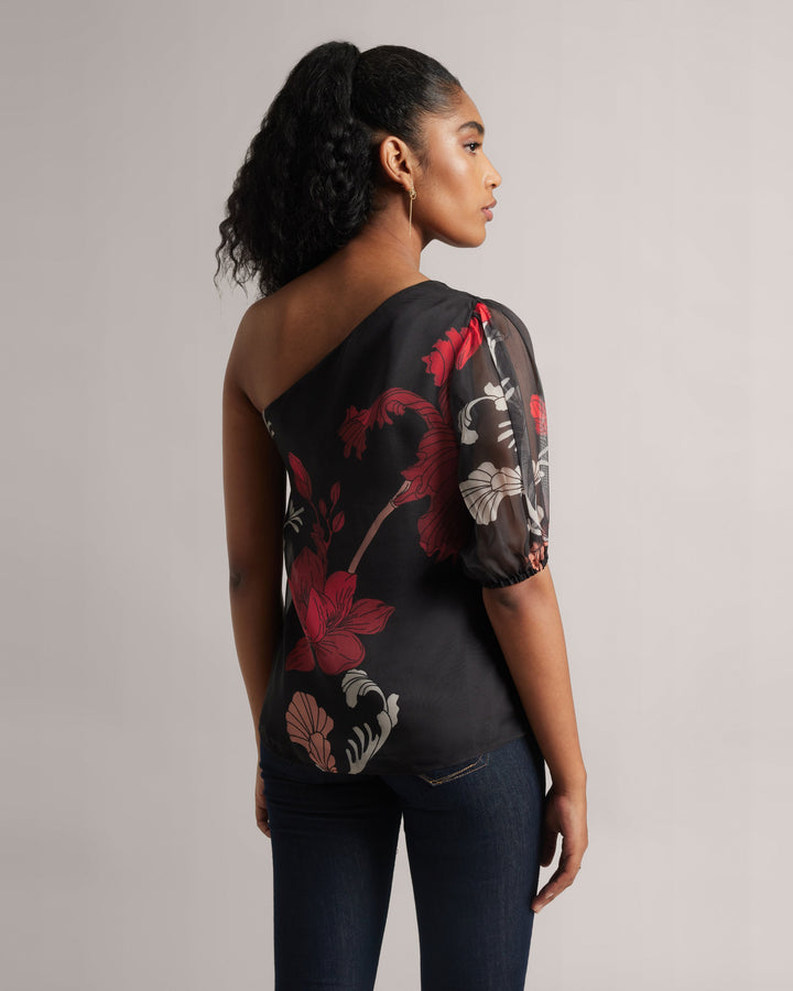 Charcoal Black Fiery Print One-shoulder Top  - By Janasya