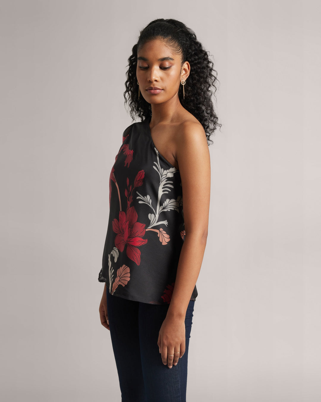 Charcoal Black Fiery Print One-shoulder Top  - By Janasya