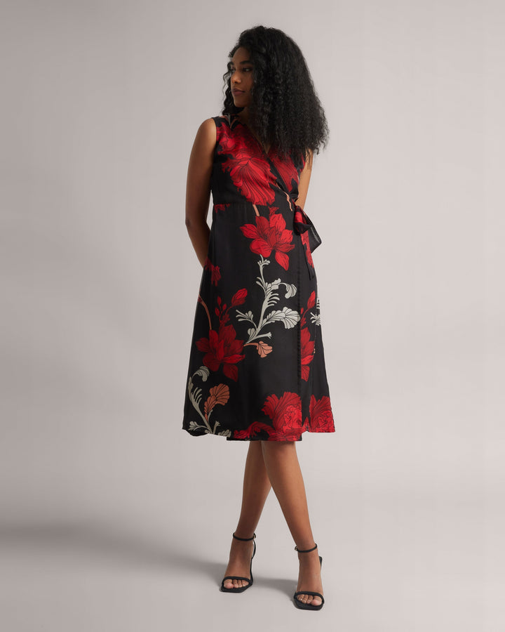 Charcoal Black Fiery Print Wrap Midi Dress  - By Janasya