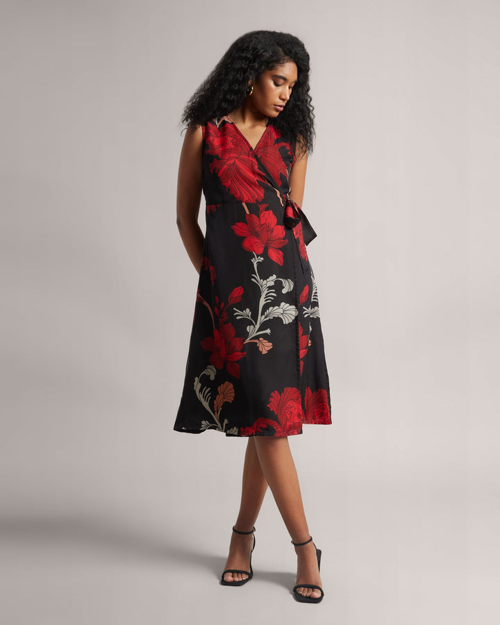 Charcoal Black Fiery Print Wrap Midi Dress  - By Janasya