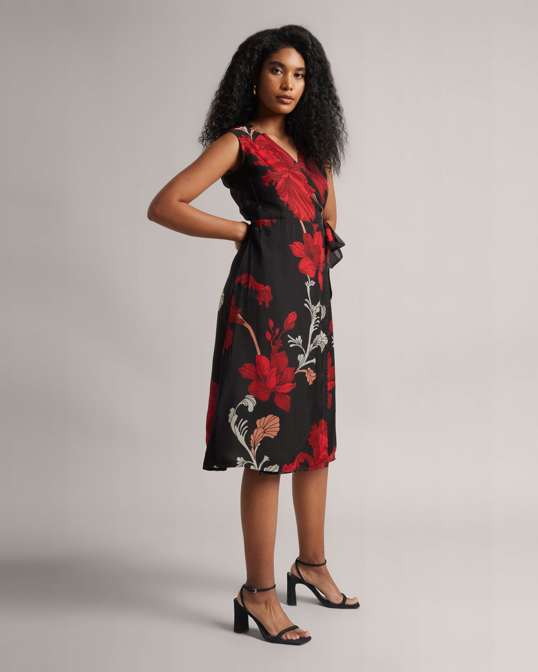 Charcoal Black Fiery Print Wrap Midi Dress  - By Janasya