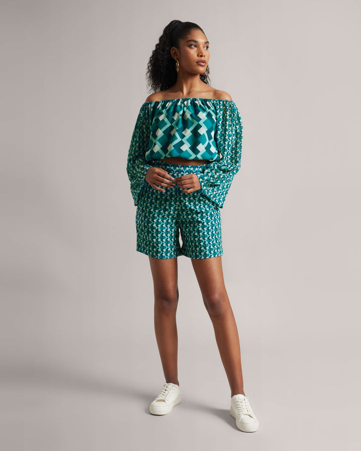 Teal Off-Shoulder Geometric Co-Ord Set  - By Janasya