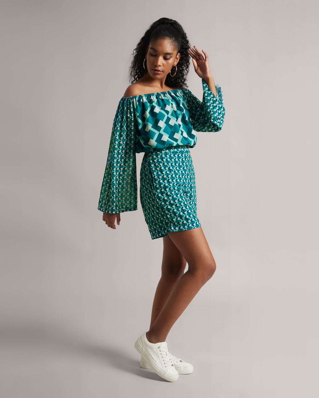 Teal Off-Shoulder Geometric Co-Ord Set  - By Janasya