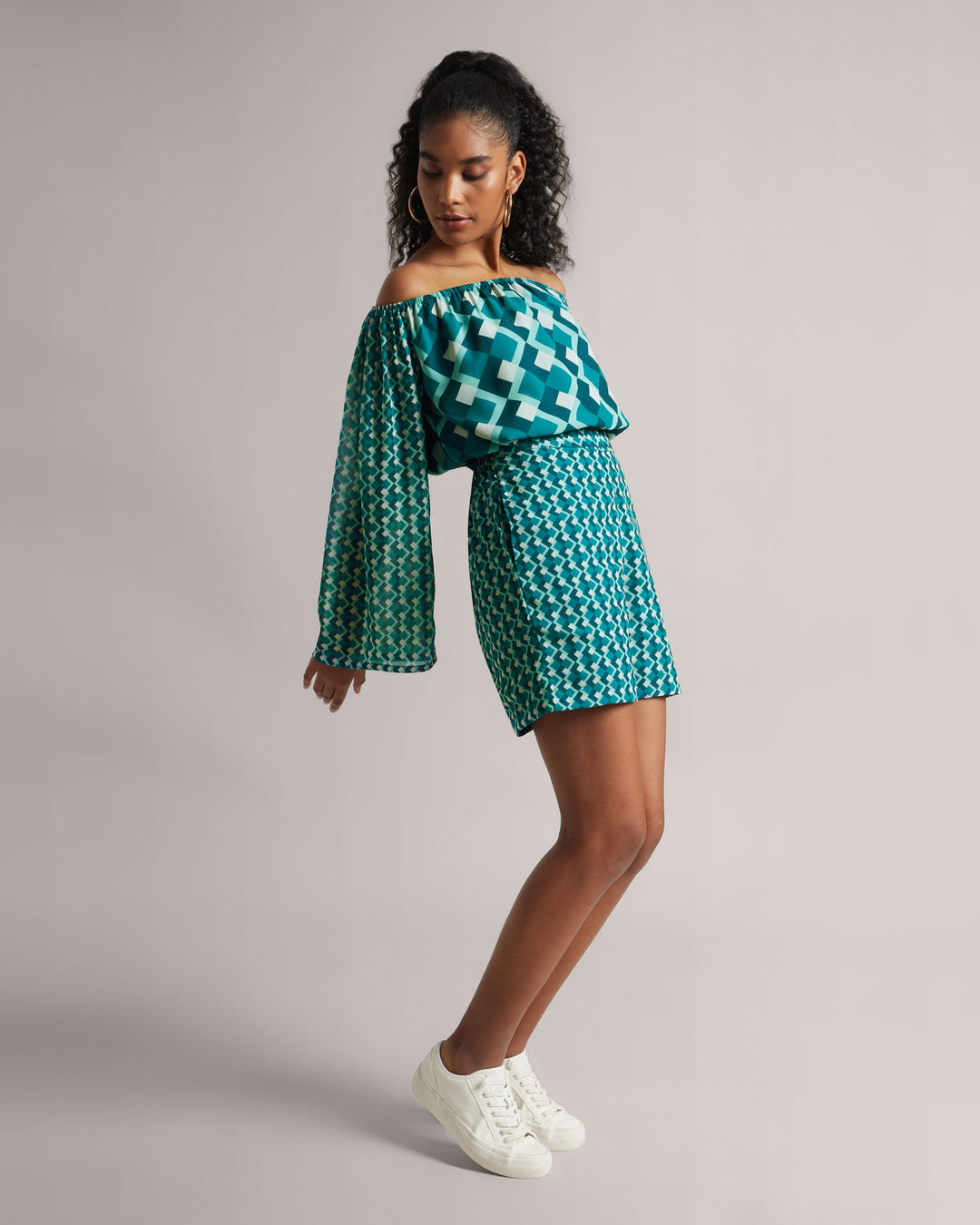 Teal Off-Shoulder Geometric Co-Ord Set  - By Janasya