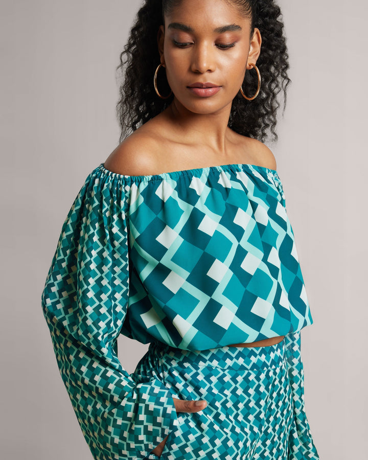 Teal Off-Shoulder Geometric Co-Ord Set  - By Janasya