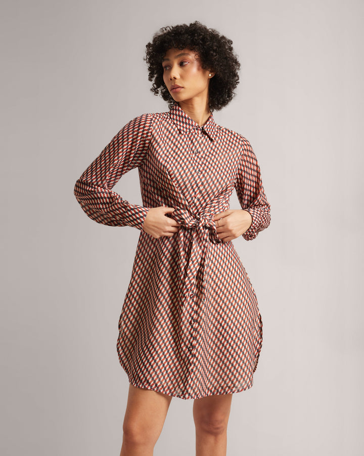 Geometric Print Front Tie-Up Mini Shirt Dress  - By Janasya