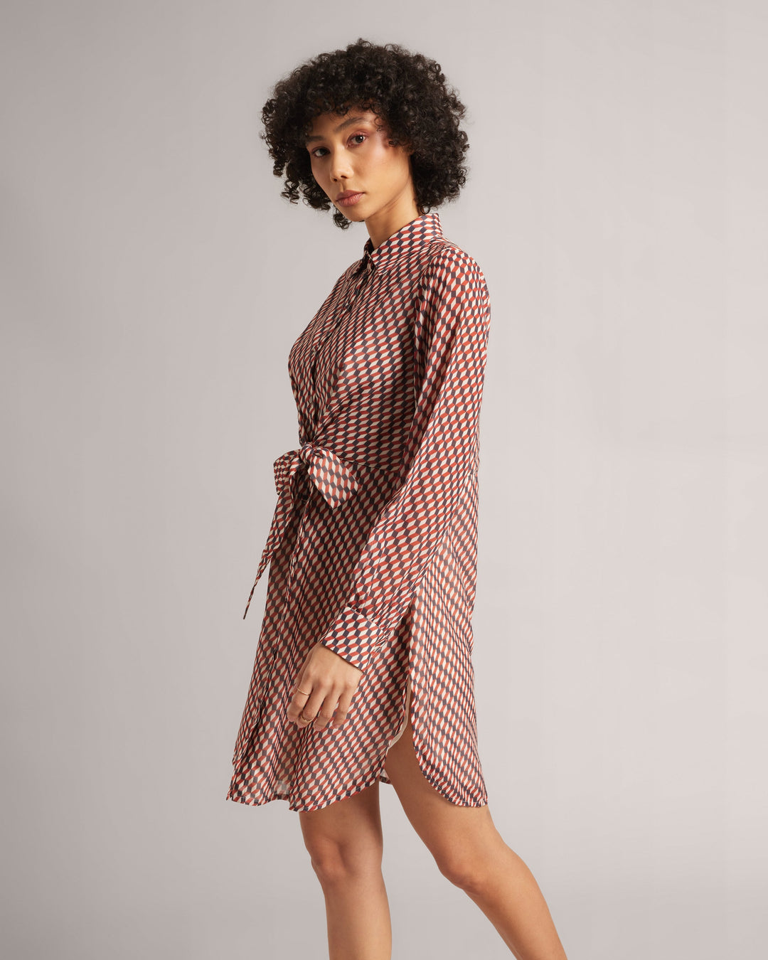 Geometric Print Front Tie-Up Mini Shirt Dress  - By Janasya