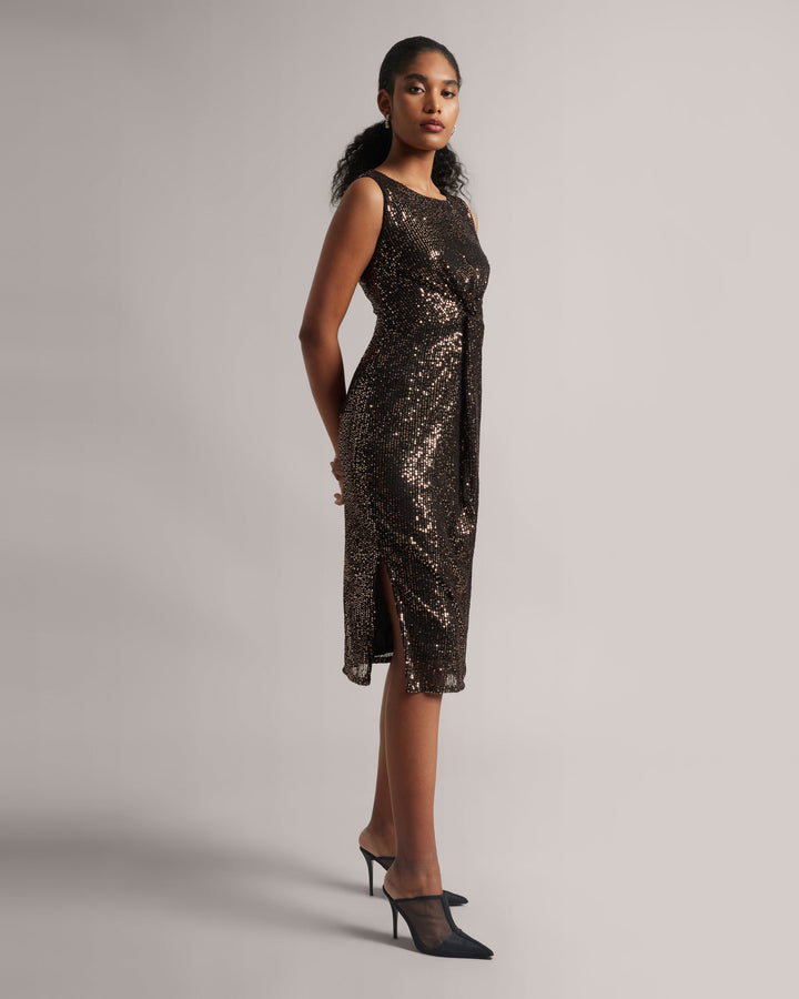 Bronze Copper Knotted Party Midi Sequins dress  - By Janasya