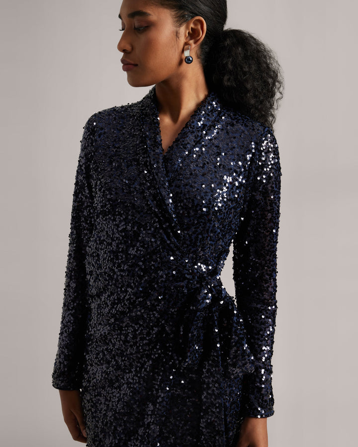 Navy Blue Sequin Wrap Dress  - By Janasya