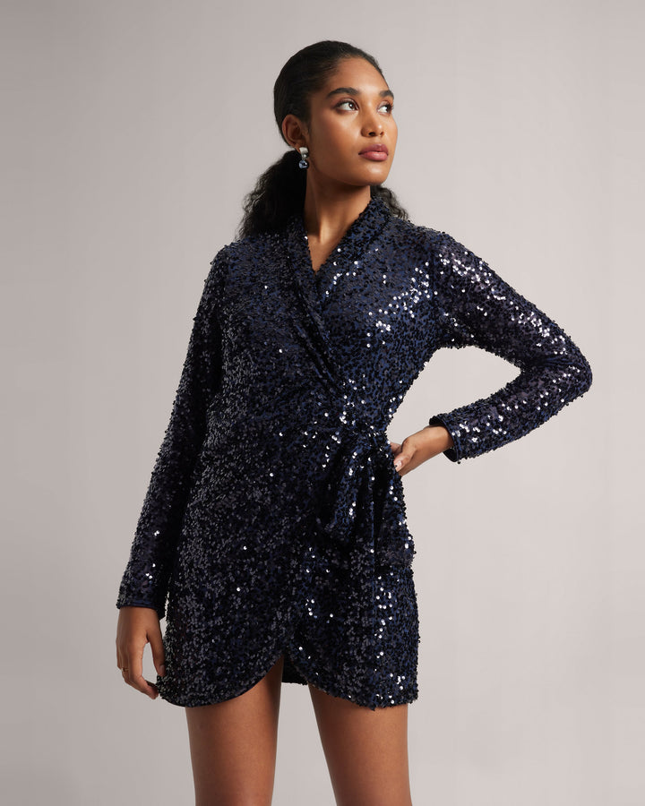 Navy Blue Sequin Wrap Dress  - By Janasya