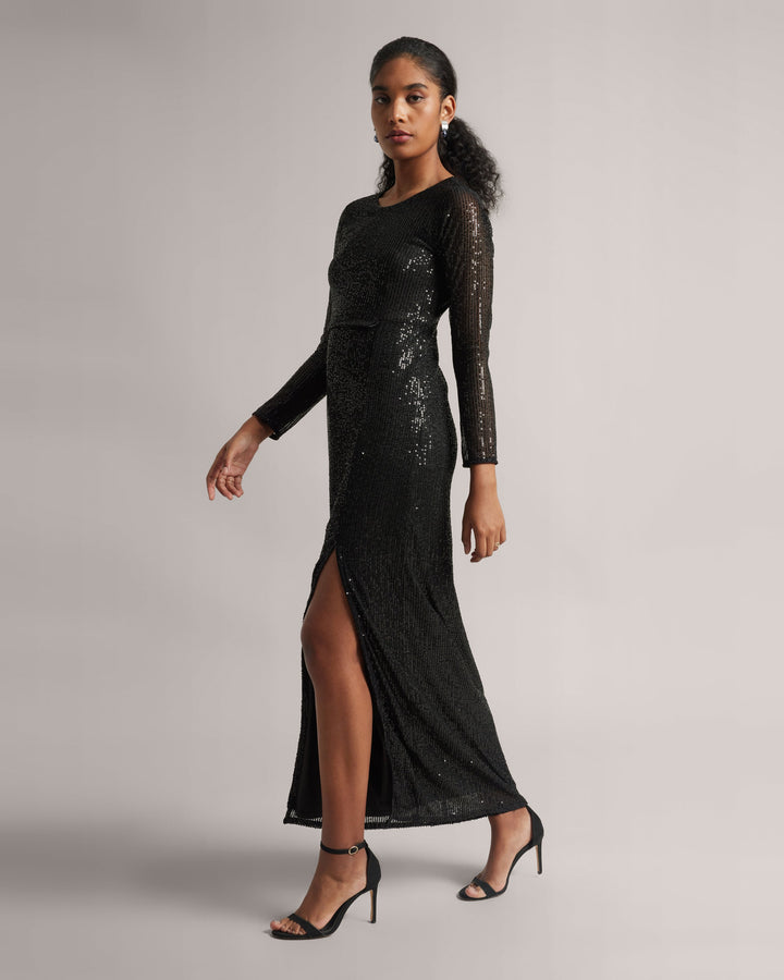 Black Sequin Thigh-High Slit Maxi Dress  - By Janasya