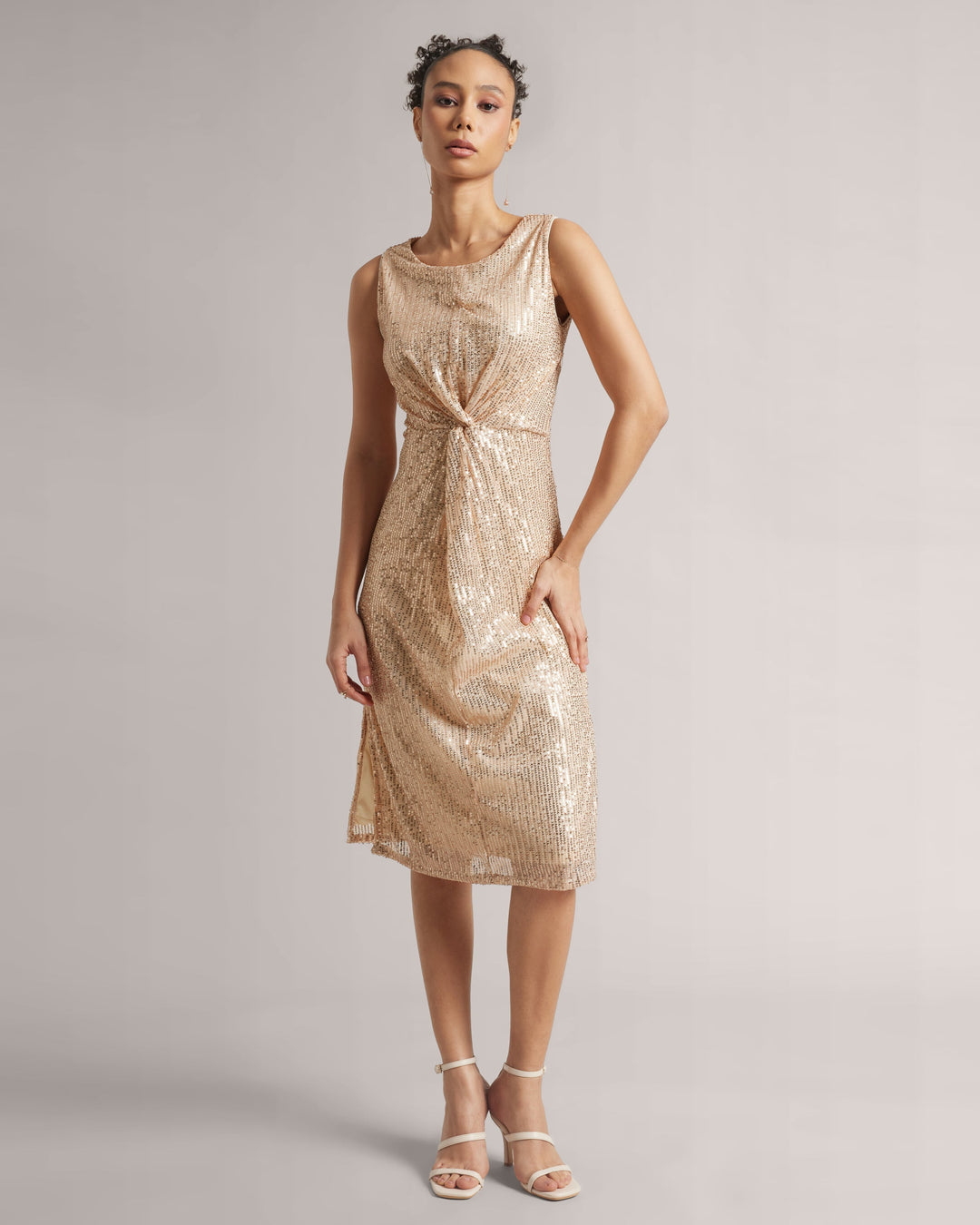 Champagne Beige Front Knot Sequin Midi Dress With Side Slits  - By Janasya