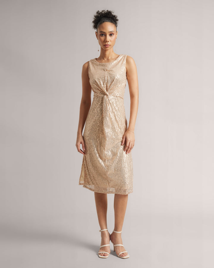 Champagne Beige Front Knot Sequin Midi Dress With Side Slits  - By Janasya