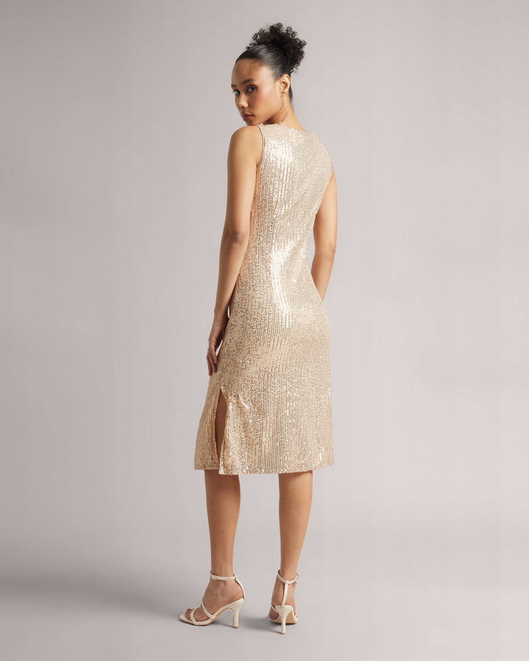 Champagne Beige Front Knot Sequin Midi Dress With Side Slits  - By Janasya