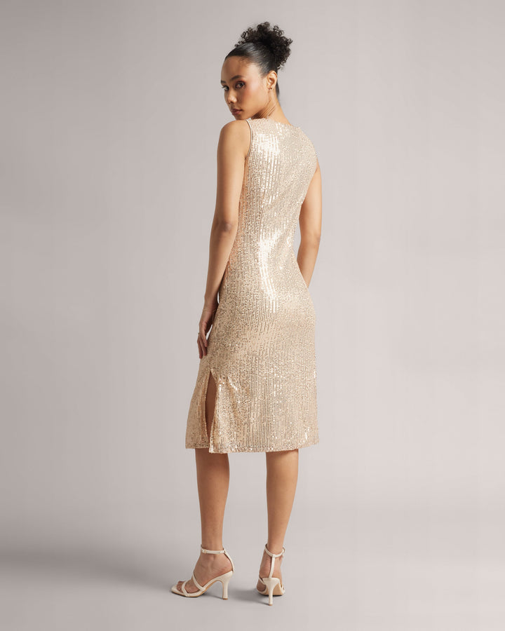 Champagne Beige Front Knot Sequin Midi Dress With Side Slits  - By Janasya