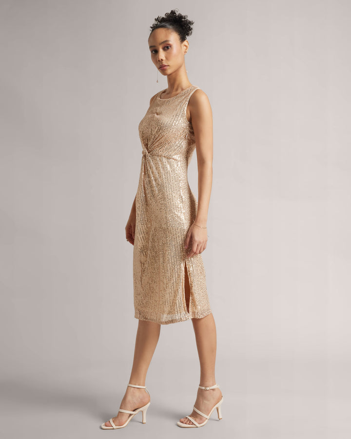 Champagne Beige Front Knot Sequin Midi Dress With Side Slits  - By Janasya