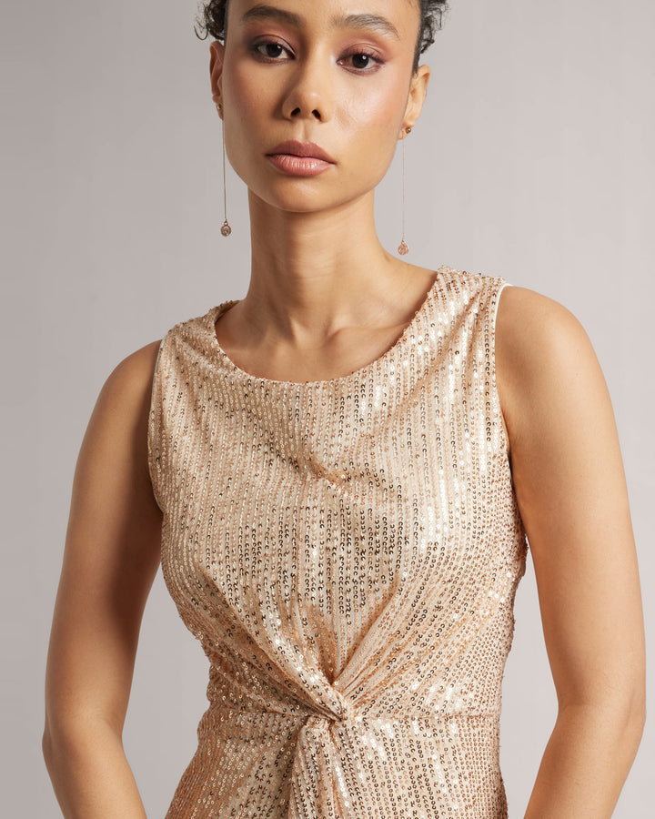 Champagne Beige Front Knot Sequin Midi Dress With Side Slits  - By Janasya