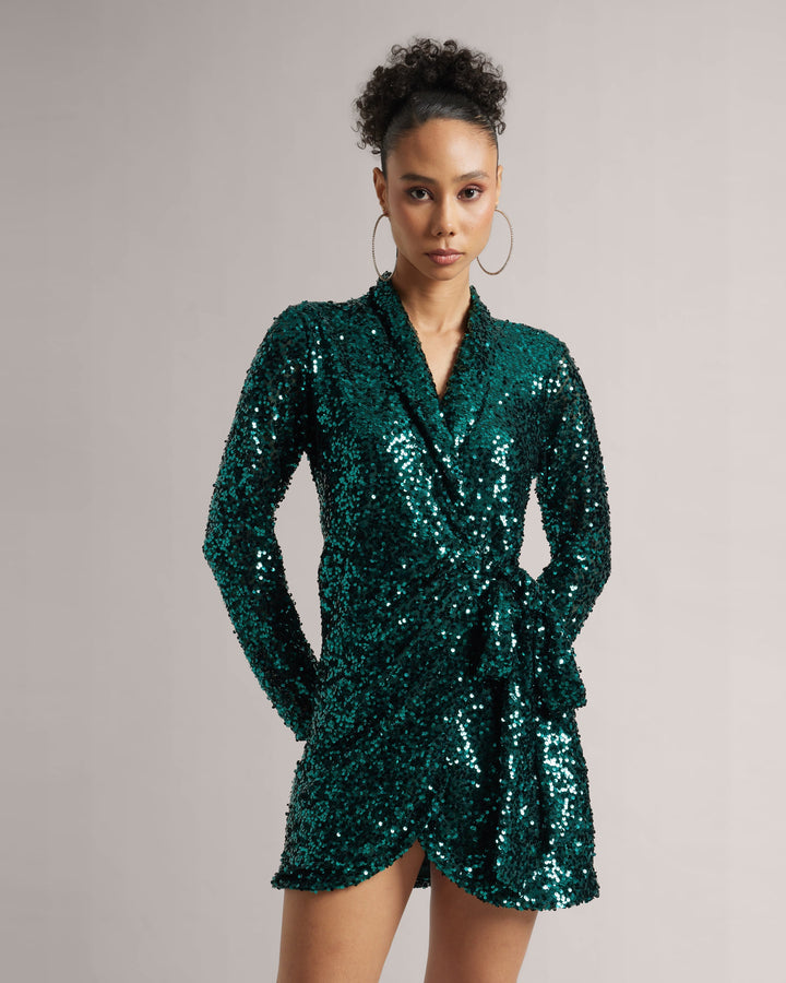 Teal Green Sequin Wrap Dress  - By Janasya