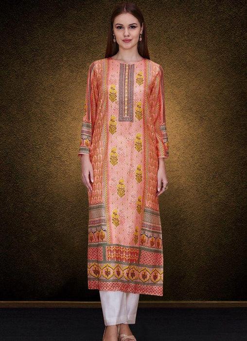 A Peach Elegant Printed Detailed Kurta by Qivii