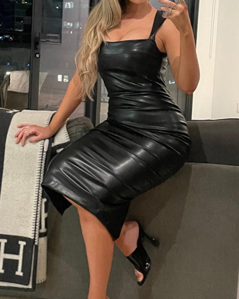 Sexy Slim Fit Leather Vest Maxi Dress with Suspenders for Curvy Women  - By Qivii