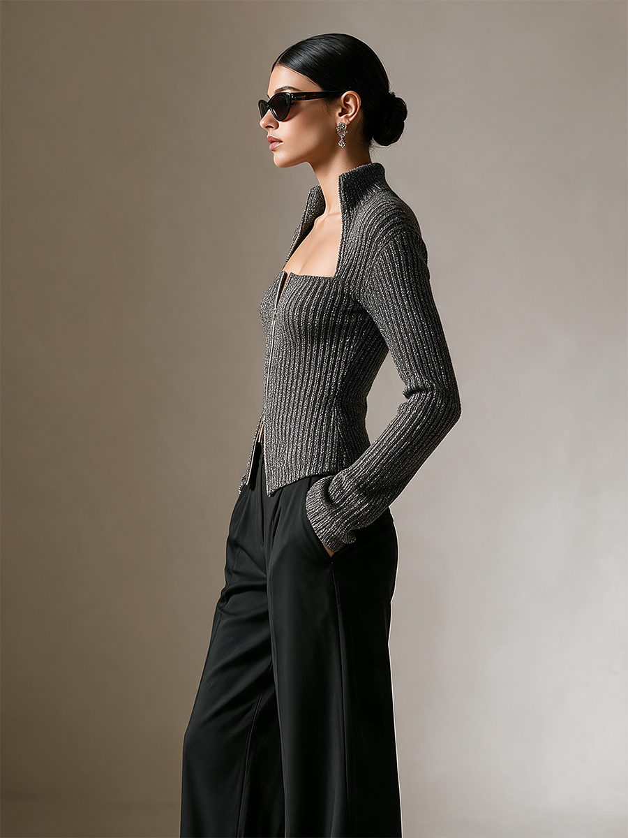Women's Zip‑Front Cutout Knit Top MDZ2621H0LYL