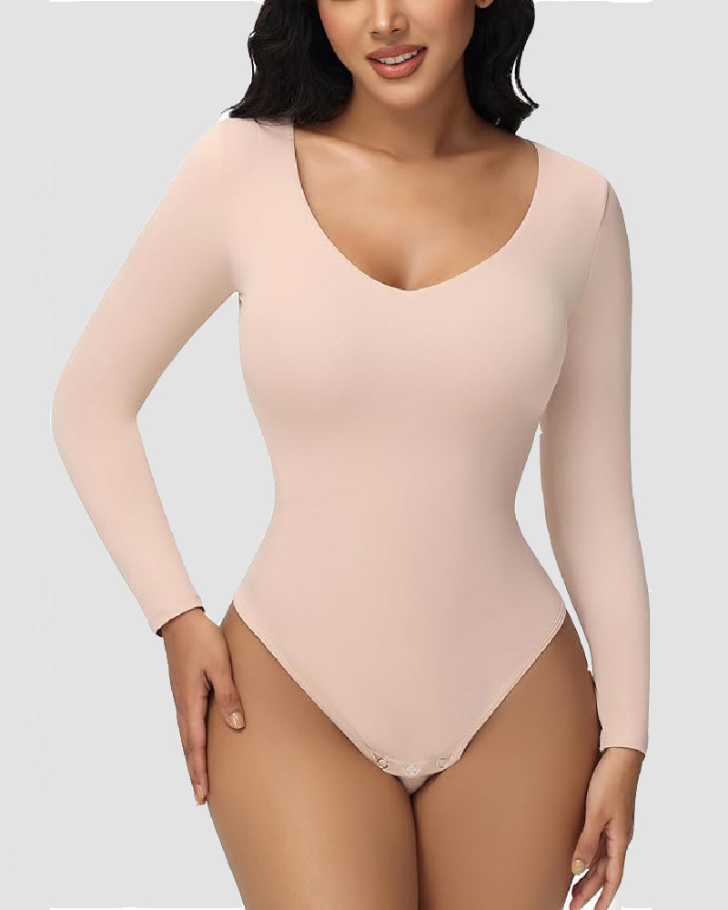 Shapshe® Women's Long Sleeve V Neck Seamless Bodysuits Tummy Control Thong Shapewear  - By Qivii