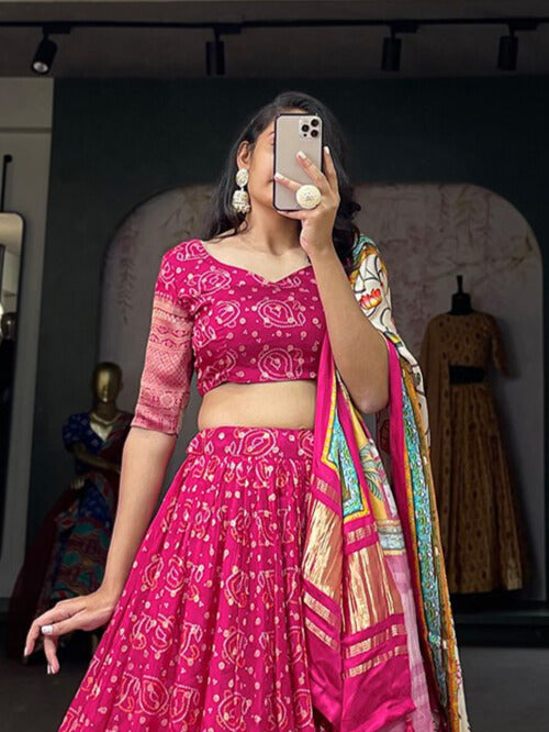 Viscose Dola Silk Printed With Zari Weaving Work Lehenga Choli in Royal Pink Color