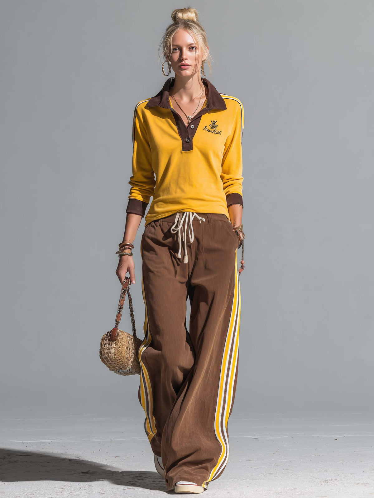 Retro Sporty Color Block Polo Top Side Stripe Wide Leg Pants Set  - By Qivii