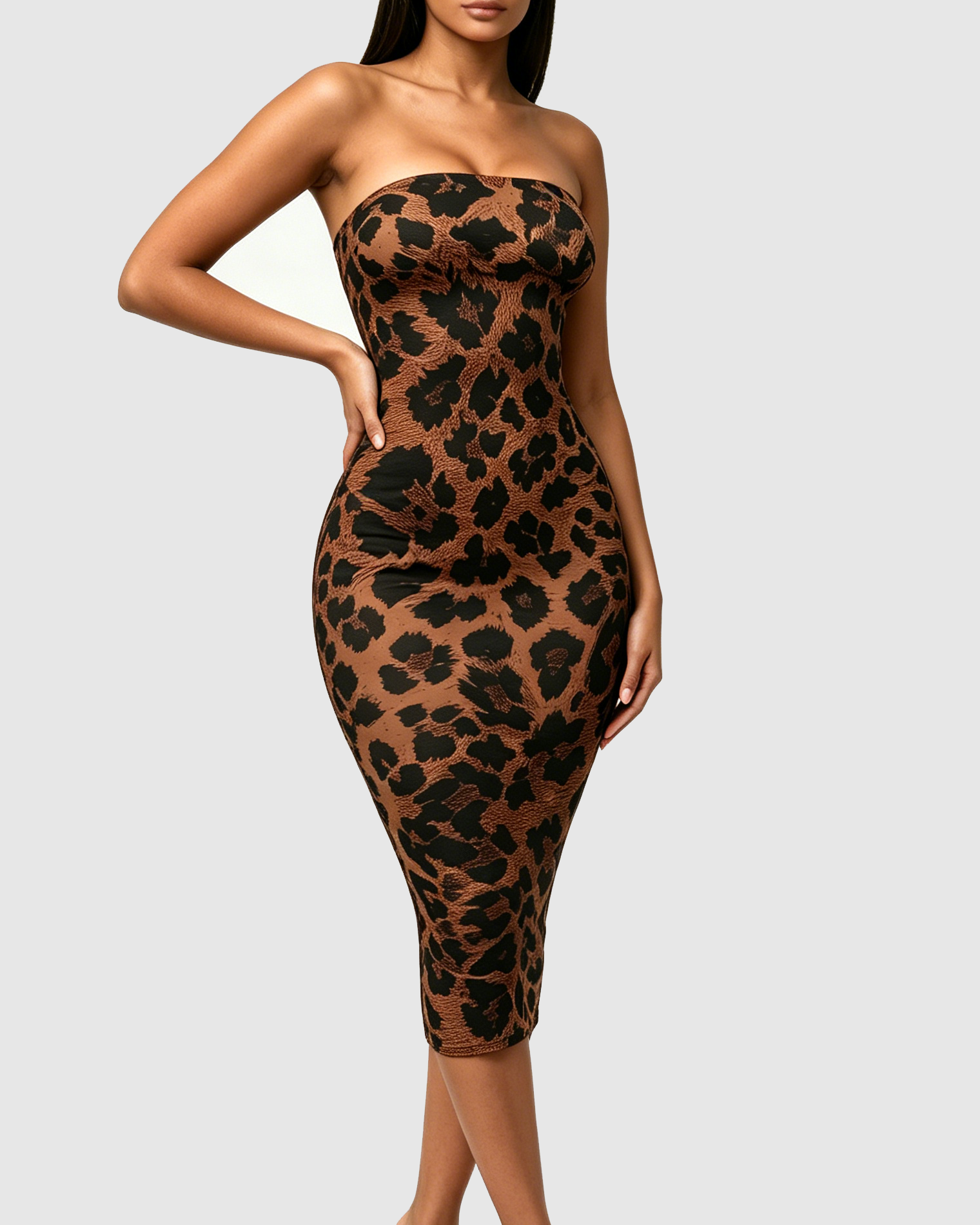 Leopard Print Strapless Tube Midi Dress  - By Qivii