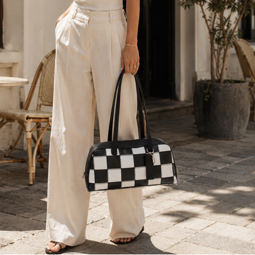 Ounamei Checkered Vegan Leather Shoulder Bag for Women – Large Capacity Everyday Tote Purse
