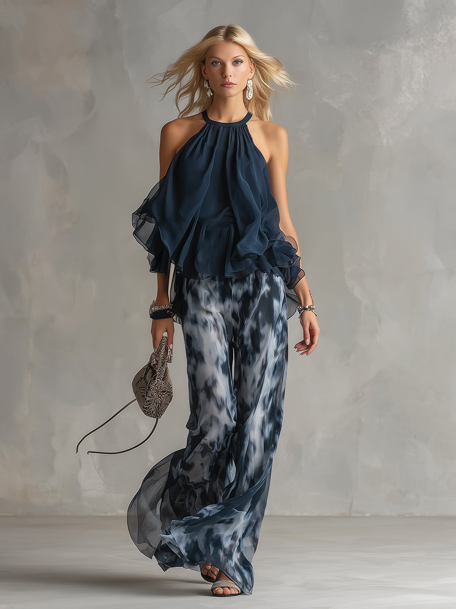 Ludovica | Stylish Navy Halter Top and Wide-Leg Printed Set by Qivii