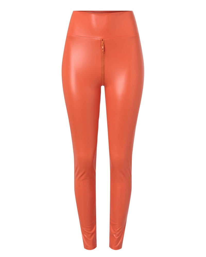 Sexy PU Leather Crotch Zipper Leather Pants for Curvy Women  - By Qivii