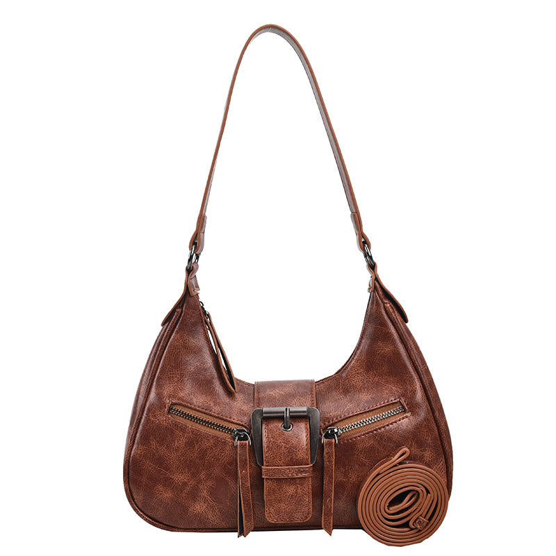 Women's Heartland Crescent — Vintage-Inspired Shoulder Saddle with Distressed Leather Accents & Adjustable Strap