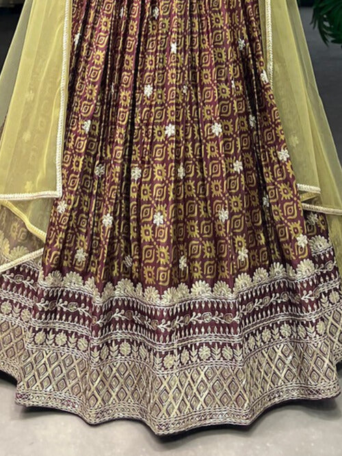 Chinon Digital Print With Embroidery Sequins Work Lehenga Choli In Brown Color