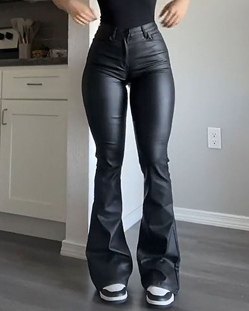 Shapshe® Fashionable Street Style High Waist Slim Flared Leather Pants  - By Qivii