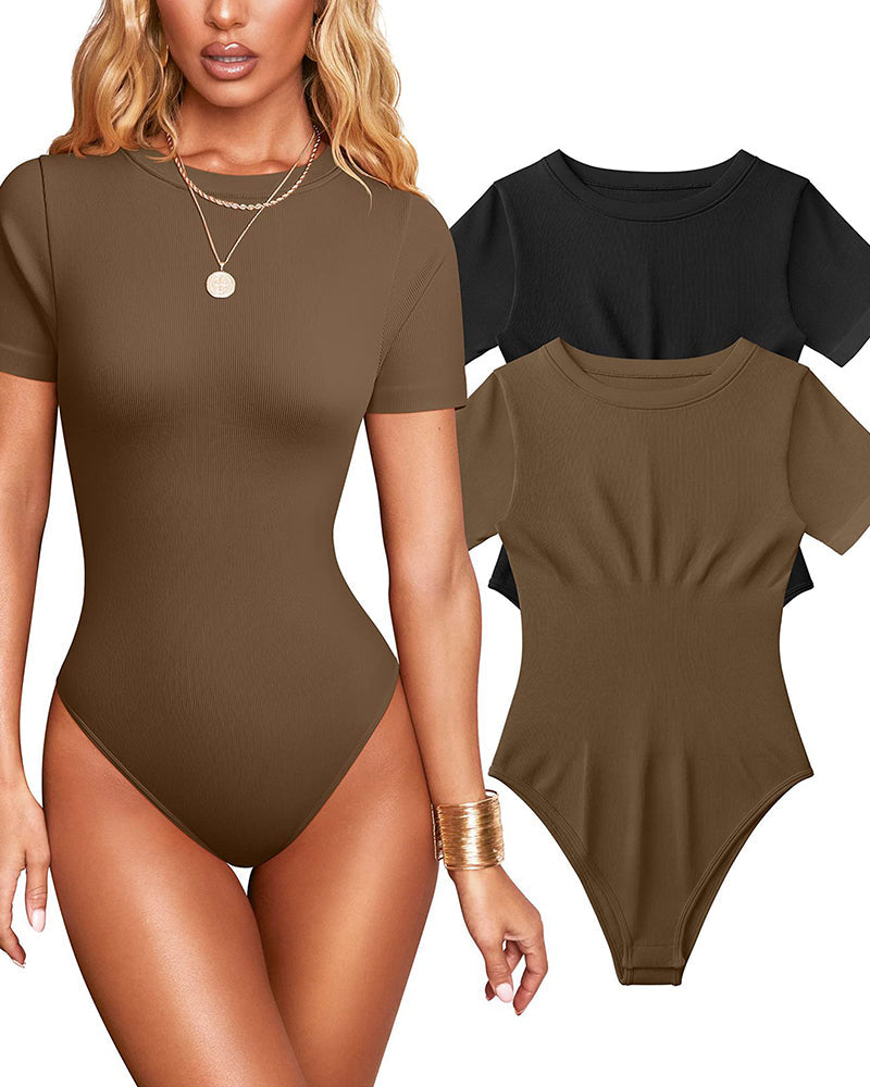 Women Sexy Ribbed Round Neck Short Sleeve Tummy Control Thong Bodysuit  - By Qivii