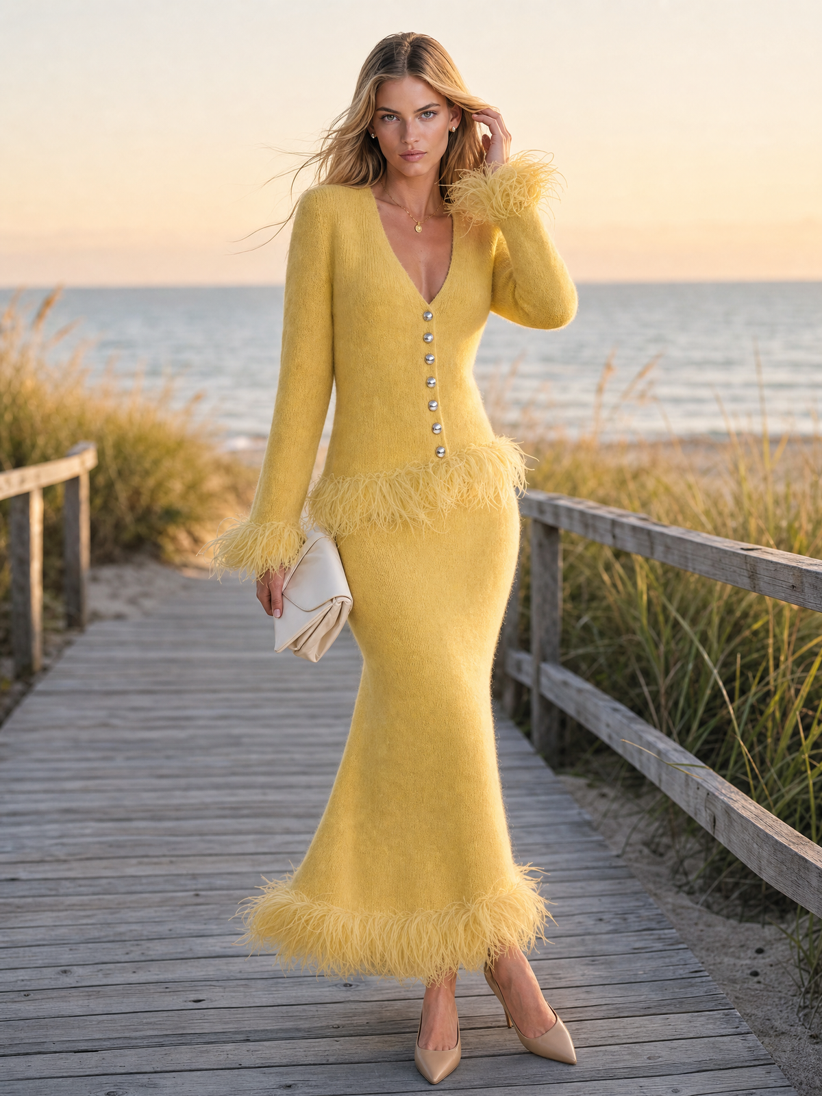 Yellow knitted skirt set with feather fringe details, stylish retro-chic women's clothing by Oyrosy Clothing.