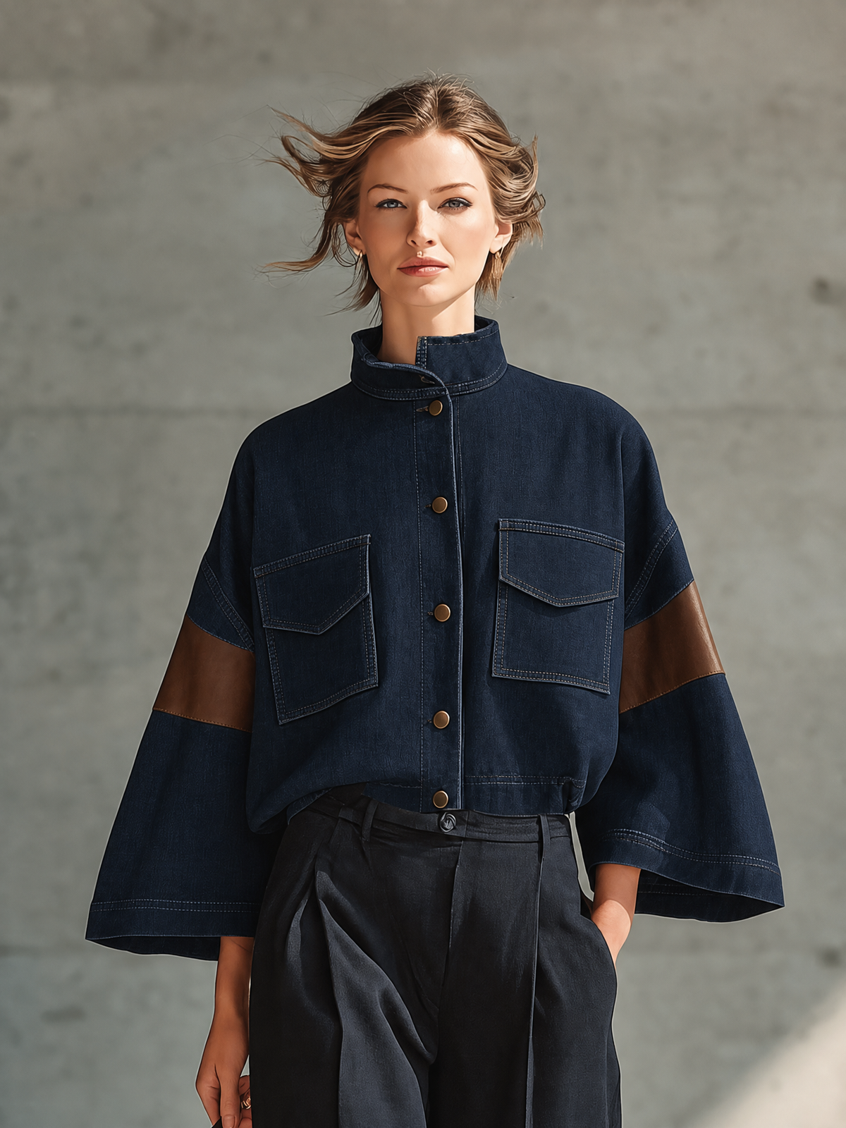 Women's Contrast Sleeve Utility Navy Denim Jacket MDZ0332I0YZJ
