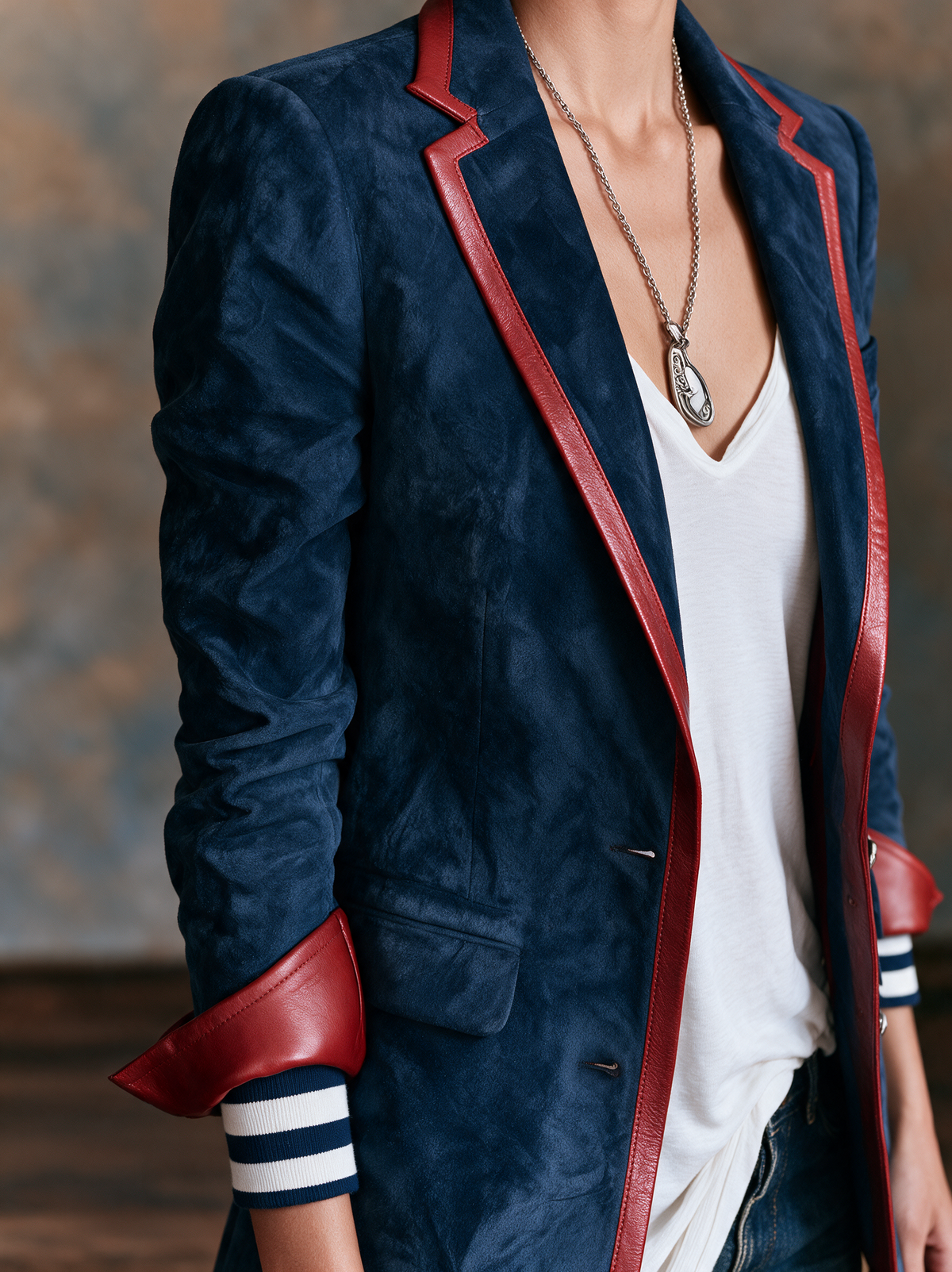 Women's Vintage-style Faux Suede Blazer With Red Leather Trim MDZ2570H7WY
