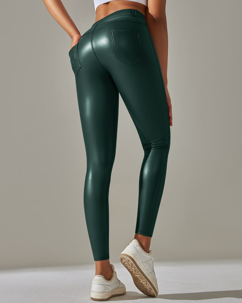PU leather Pants High Waist Tight Sports Yoga Pants Slim  - By Qivii