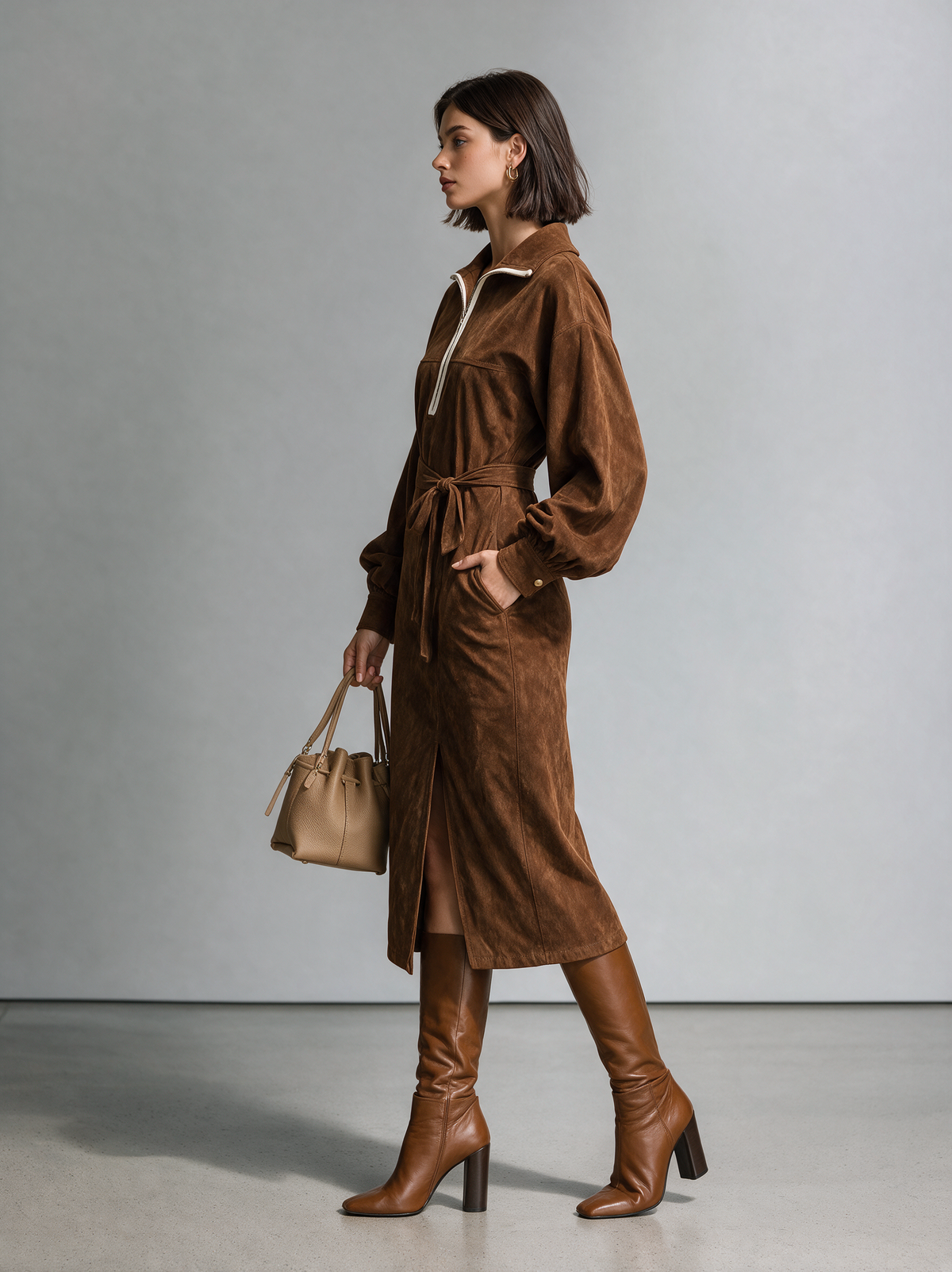 Women's Casual Brown Suede Long-Sleeve Midi Dress MDZ2729H7LXY