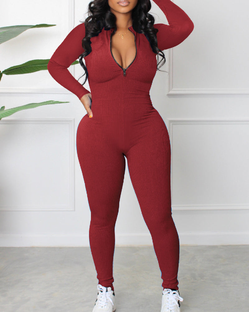 Women's Sexy Ribbed Long Sleeve Zipper Jumpsuits Casual Solid Bodycon Rompers  - By Qivii